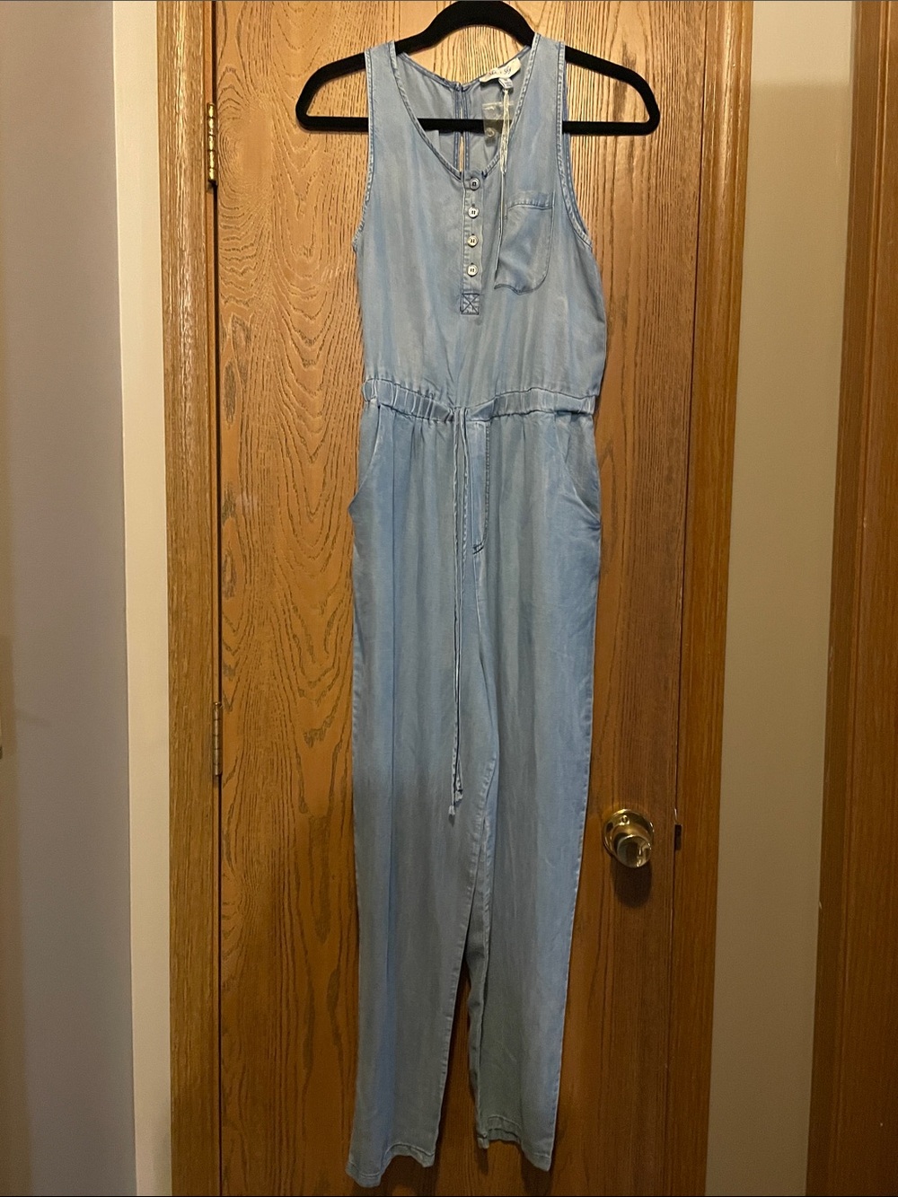 She + Sky Light Blue Chambray Henley Jumpsuit